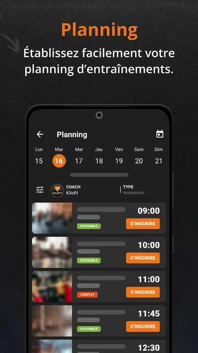 Écran Planning de l'app Kilofit