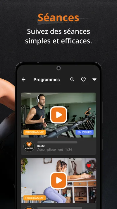 Écran Séances de l'app Kilofit